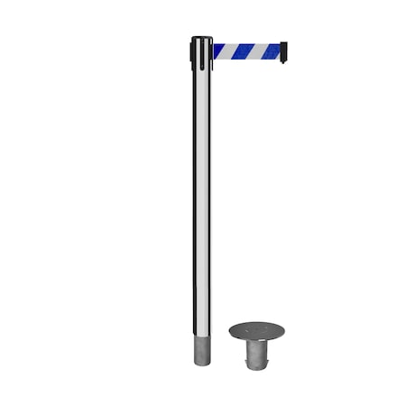 Stanchion Belt Barrier Removable Base Pol.Steel Post 9ft.Blu/Wh Belt